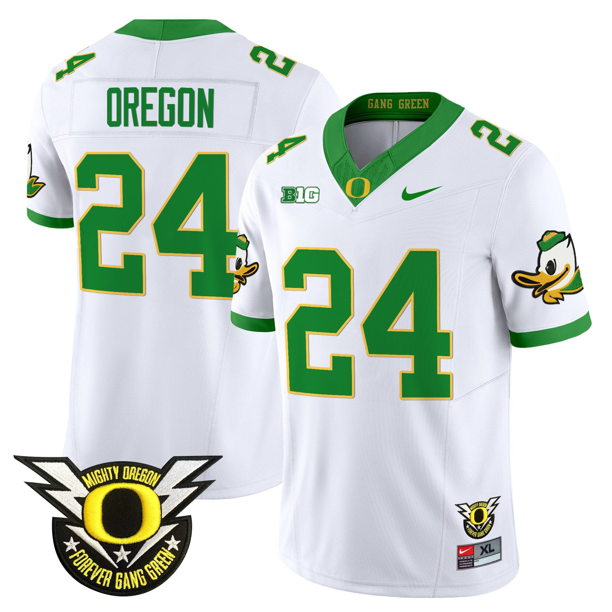 Men Oregon Ducks #24 Oregon White 2024 Nike Forever Gang Green & BIG Patch Vapor Limited NCAA Jersey